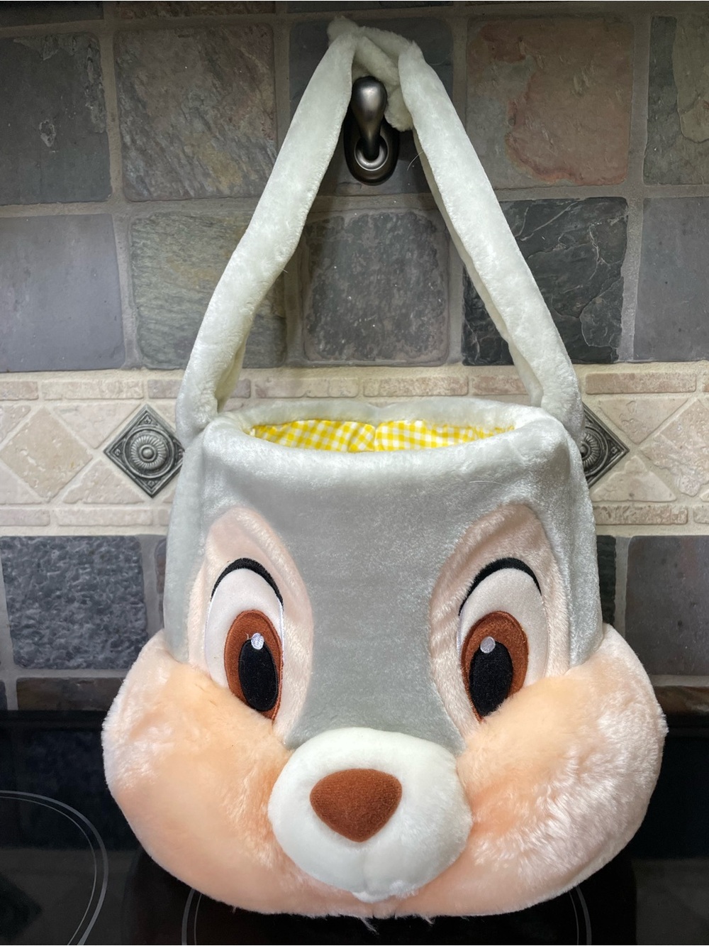 Disneys Thumper Basket Plush with yellow and white inside and Velcro handle